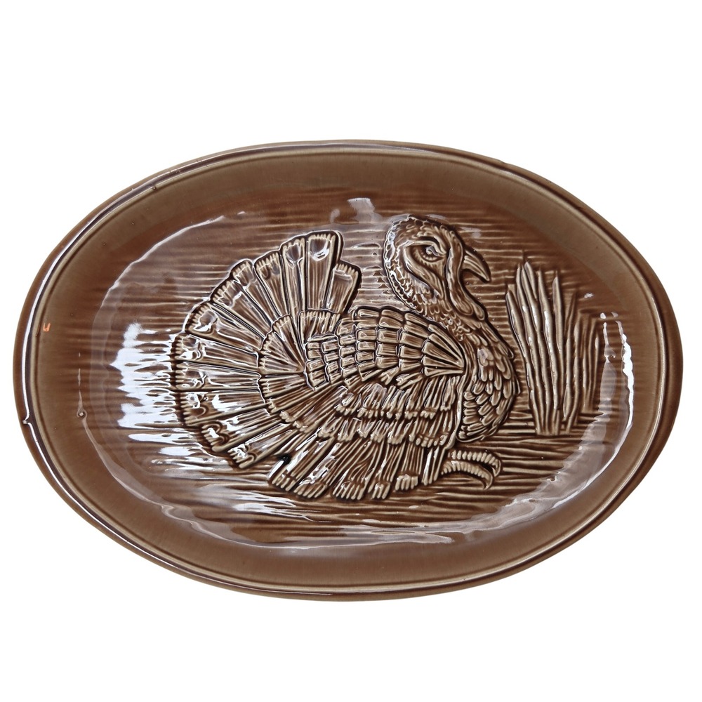 McCoy Pottery 9310 USA Brown Turkey Embossed Serving Platter Oven Proof 15.5"